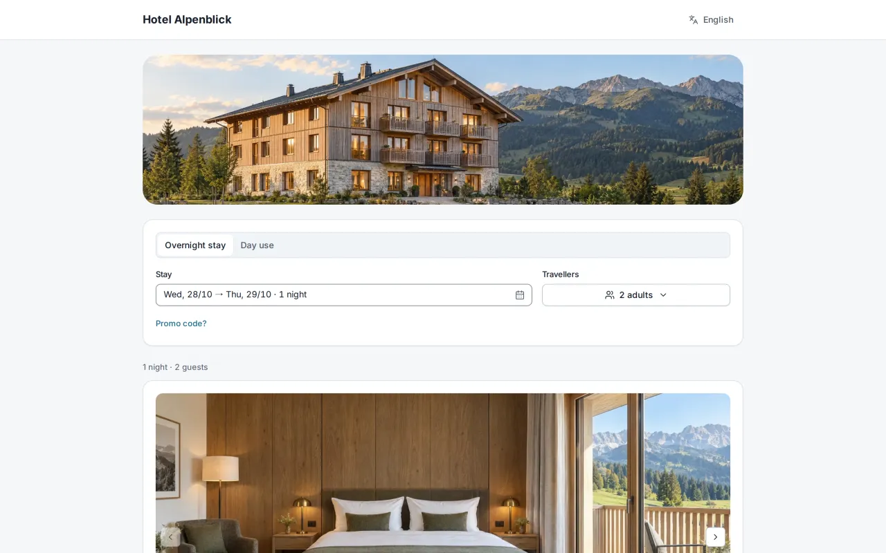 The booking page of a sample hotel with rooms, prices and photos