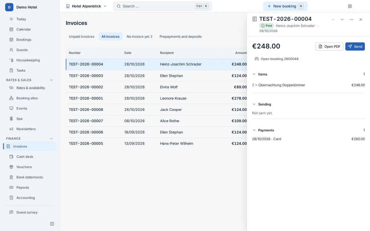 An issued, paid invoice in Destmio with its lines, sending and payment