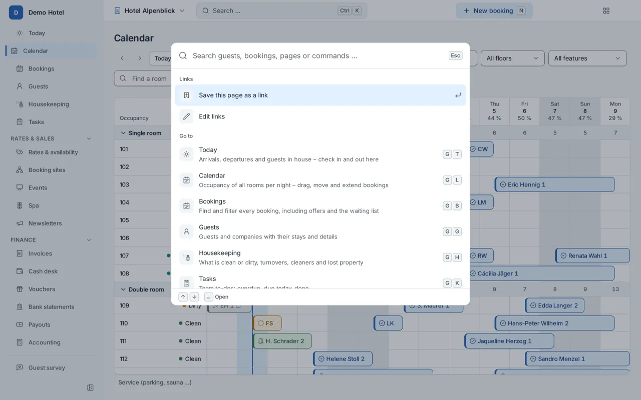The Destmio command search, opened with Ctrl+K over the booking calendar